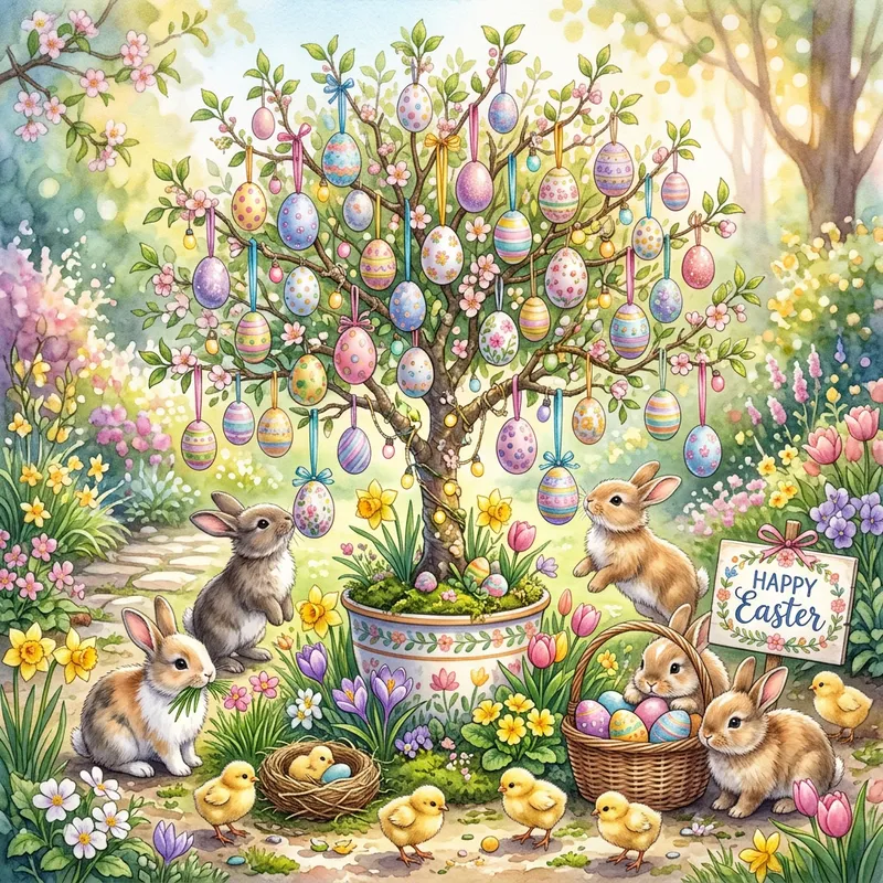 Whimsical Easter Tree with Colorful Eggs and Playful Animals Whimsical Easter Tree with Colorful Eggs and Playful Animals