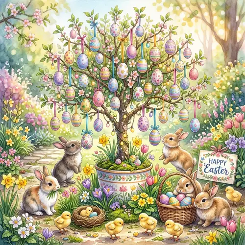 Enchanting Easter Tree with Colorful Eggs, Rabbits, and Chicks