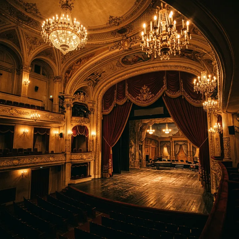 Vintage Theater Stage with Dramatic Golden Light Vintage Theater Stage with Dramatic Golden Light