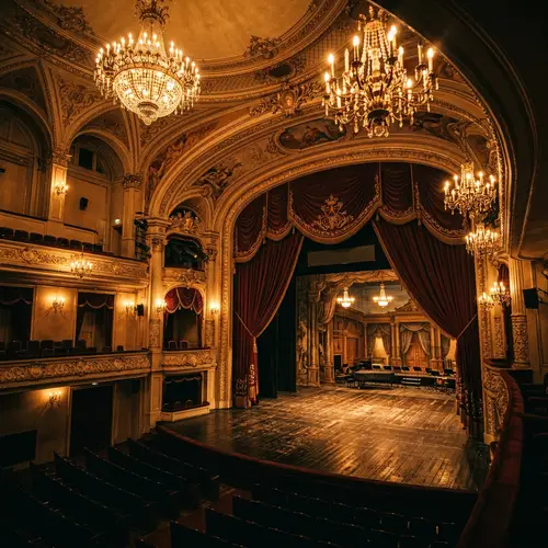 Vintage Theater Stage with Dramatic Golden Light