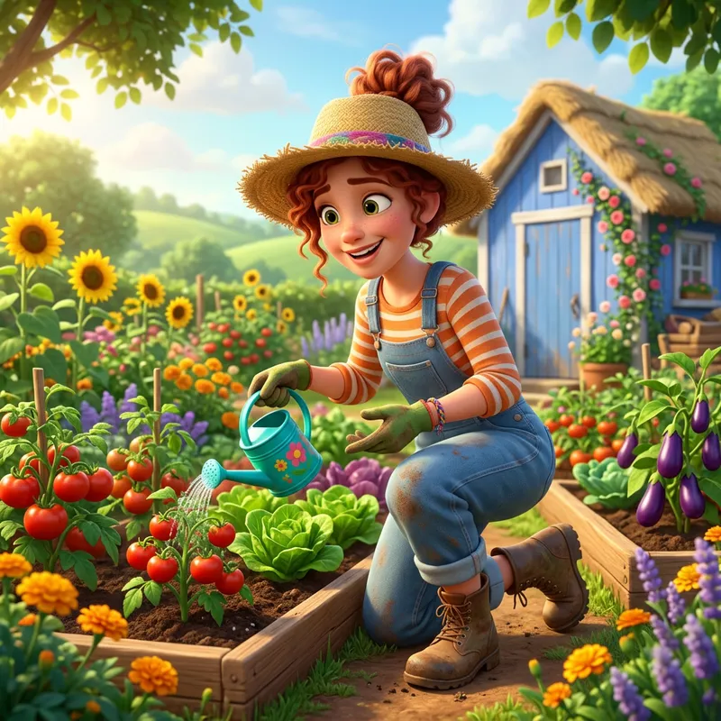 Cheerful Female Farmer in Vibrant 3D Cartoon Style