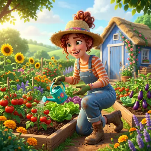 Cheerful Female Farmer in Vibrant 3D Cartoon Style