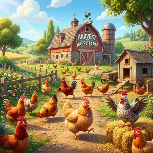 Vibrant 3D Cartoon Farm with Whimsical Hens
