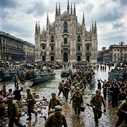 American Troops Landing in Piazza Duomo, Milan - Vintage War Photography