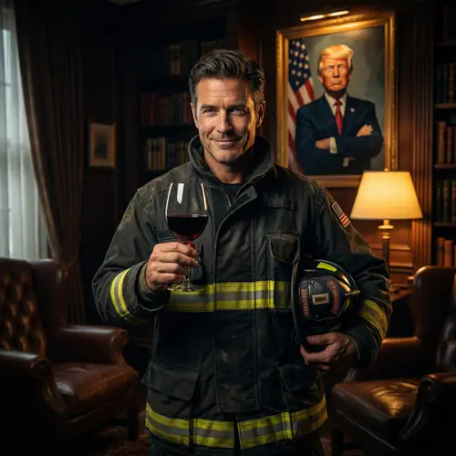 Charismatic Fireman with Red Wine - Political Satire