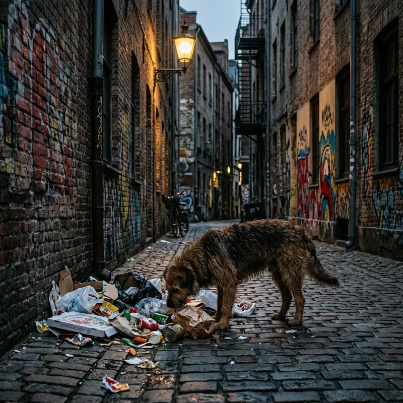 Street Dog Feeding on Garbage in Urban Environment Street Dog Feeding on Garbage in Urban Environment