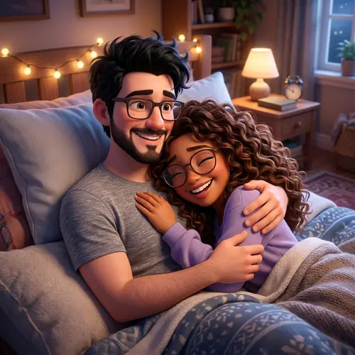 Pixar Style Couple Cuddling in Bed