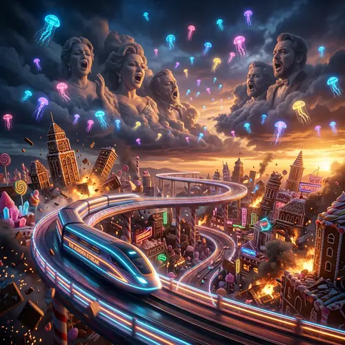 Futuristic Train in a Candy-Coated Metropolis