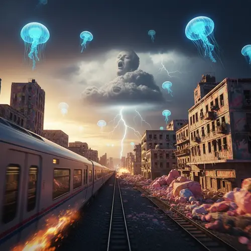 Futuristic Train in a Candy-Coated Metropolis