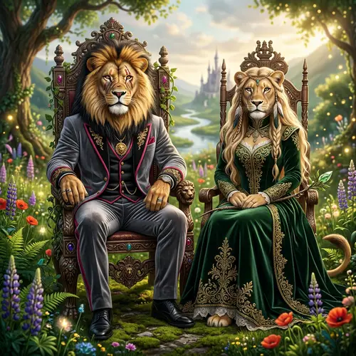 Regal Lion and Lioness Fantasy Art | Nature Amalgamation