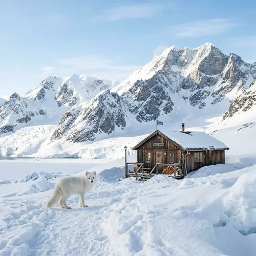 Beautiful Antarctica Scene with Cabin, Fox, and Mountains