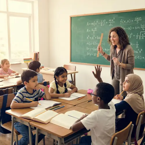 Engaging Classroom Scene with Diverse Students and Enthusiastic Teacher