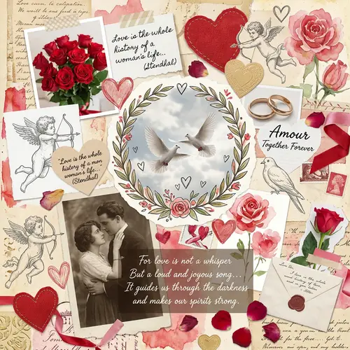 Love Theme Collage: Hearts, Doves, Roses & Cupids