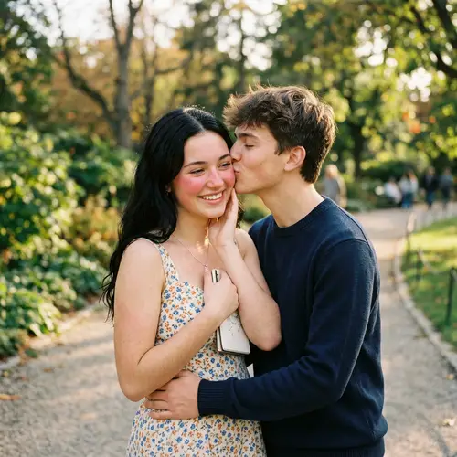 Romantic Couple Portrait: Boy Kissing Girl on Cheek