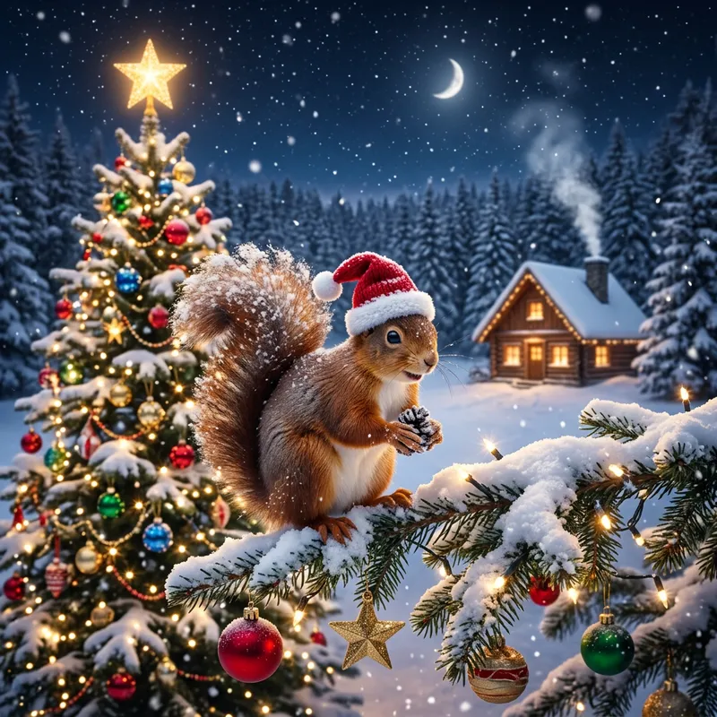 Christmas Squirrel and Festive Pine Tree Scene