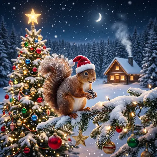 Festive Christmas Scene with Charming Squirrel and Snowy Pine Tree