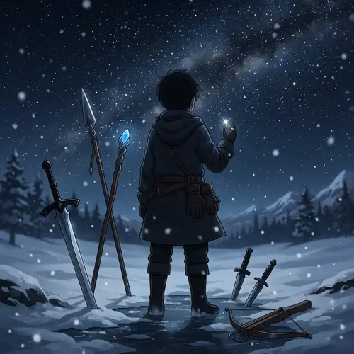 Anime Dark Silhouette Boy with Mystical Weapons Under Starlit Snowy Night