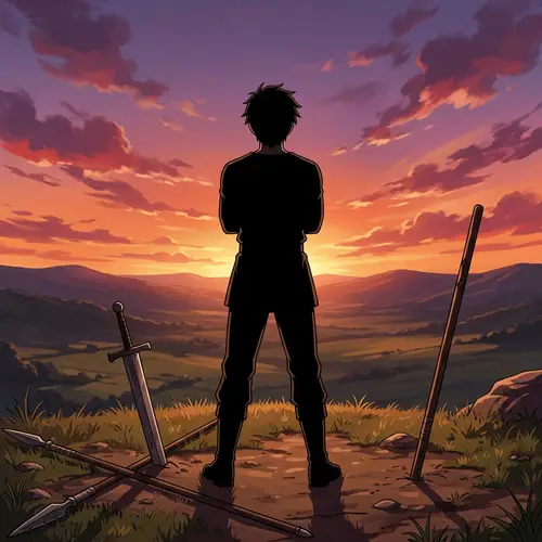 Anime Silhouette of Young Man at Sunset with Weapons
