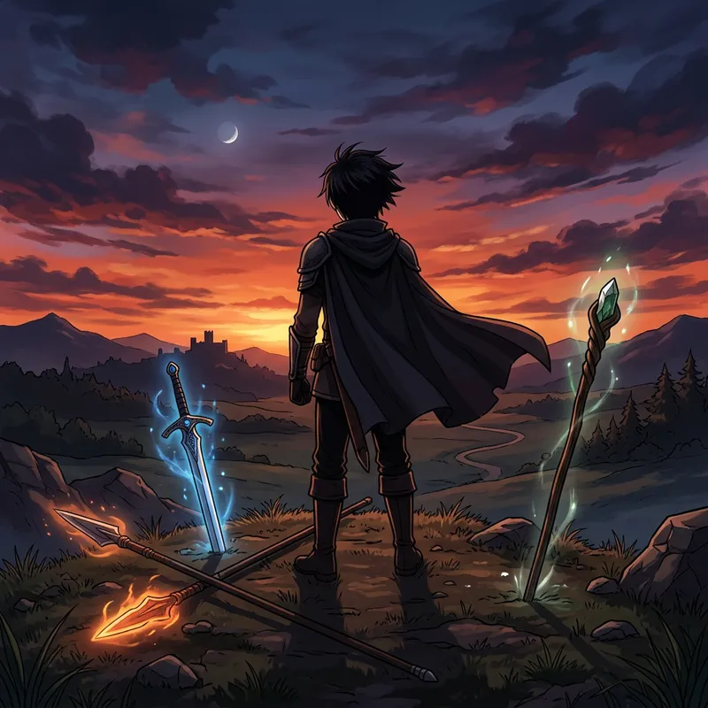 Anime Dark Silhouette at Sunset with Sword, Spear, and Staff
