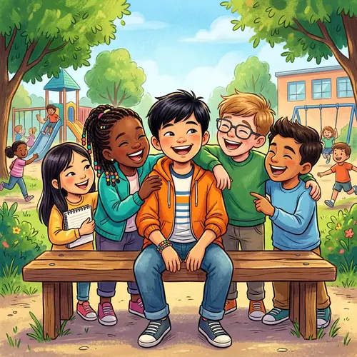 Uplifting Illustration of Cheerful Asian Boy & Friends