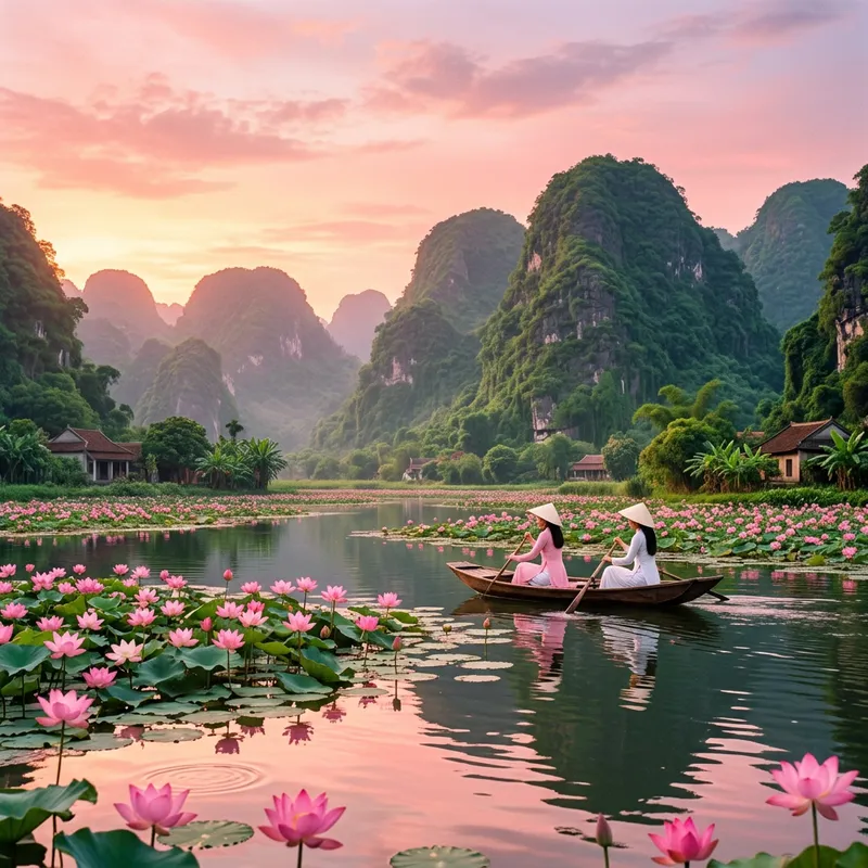 Elegant Vietnamese Landscape with Lotus and Mountains Elegant Vietnamese Landscape with Lotus and Mountains