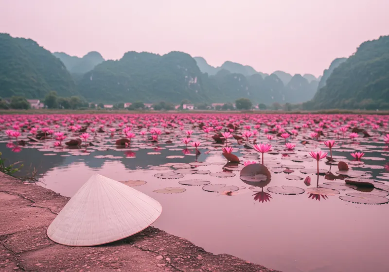 Elegant Vietnamese Landscape with Lotus and Mountains Elegant Vietnamese Landscape with Lotus and Mountains