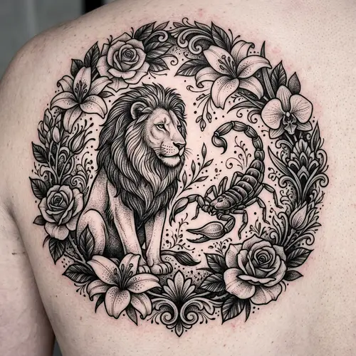 Scorpion and Lion Love: Romantic Black and White Tattoo with Flowers