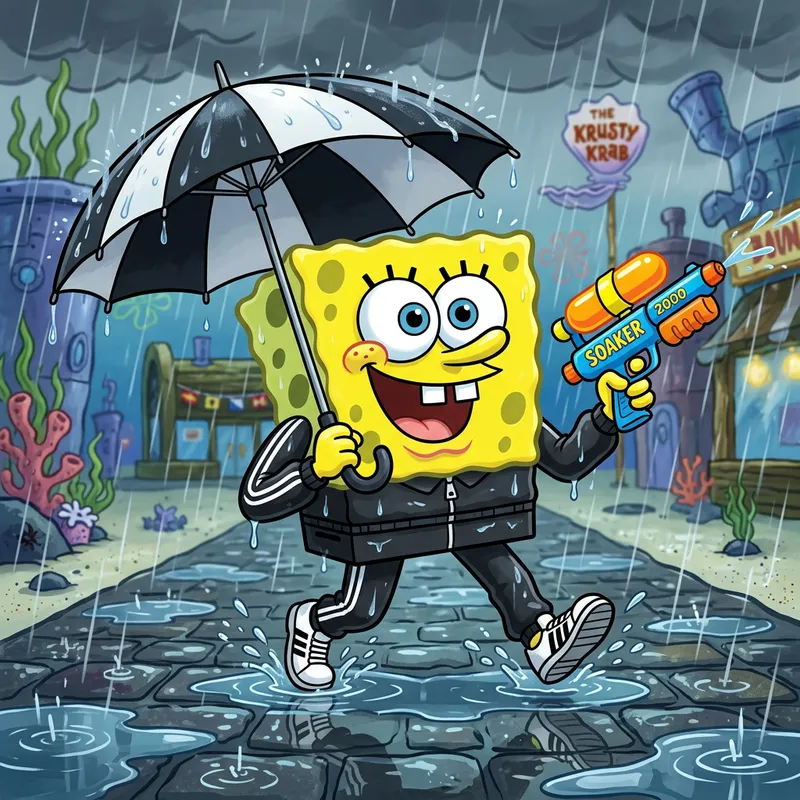 Spongebob in Adidas Black Tracksuit with Pistol on Rainy Day Spongebob in Adidas Black Tracksuit with Pistol on Rainy Day