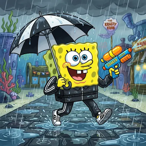 Spongebob in Rain with Umbrella and Water Gun | Funny Cartoon Art