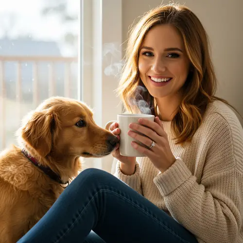 Strawberry Blonde Woman Smiling with Coffee and Dog