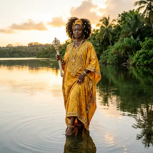African Goddess Oshun in Yellow Dress Standing in Water