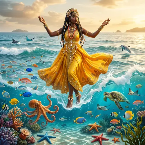 African Goddess Oshun in Yellow Dress Surrounded by Sea Creatures