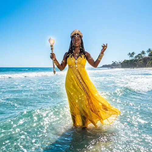 African Goddess in Yellow Dress Standing in Ocean