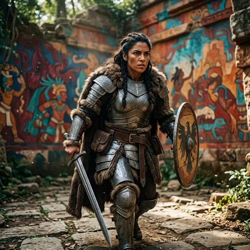 Hispanic Female Warrior in Intricately Designed Metal Armor