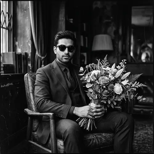 Mysterious South Asian Man in Bespoke Suit with Flowers