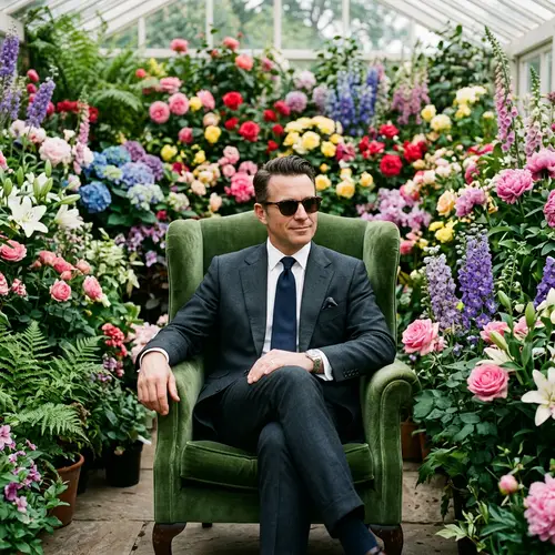 Elegant Man in Tailored Suit Surrounded by Vibrant Flowers