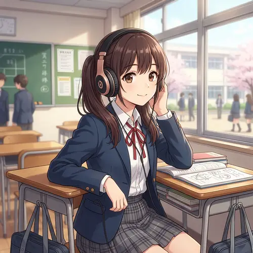 Anime School Girl with Headphones