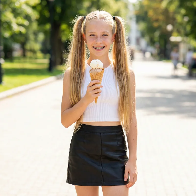 Blonde Teen in Park with Ice Cream - Cute Style
