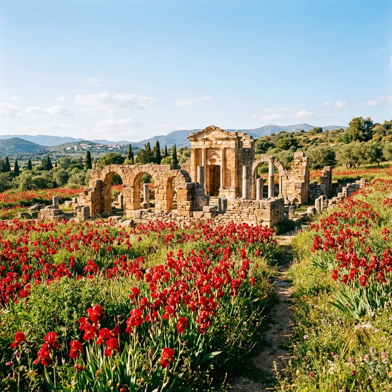 Ancient Ruins Surrounded by Red Irises - Mystical Beauty