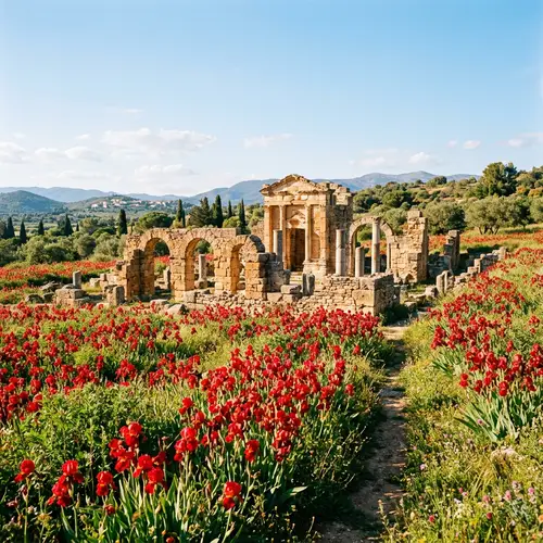 Ancient Ruins in Field with Red Irises - Explore History and Beauty