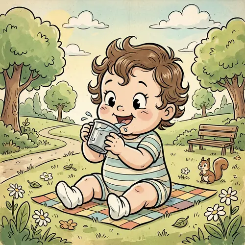 Wavy Brown Hair Baby Drinking Water - Disney Style Park Scene
