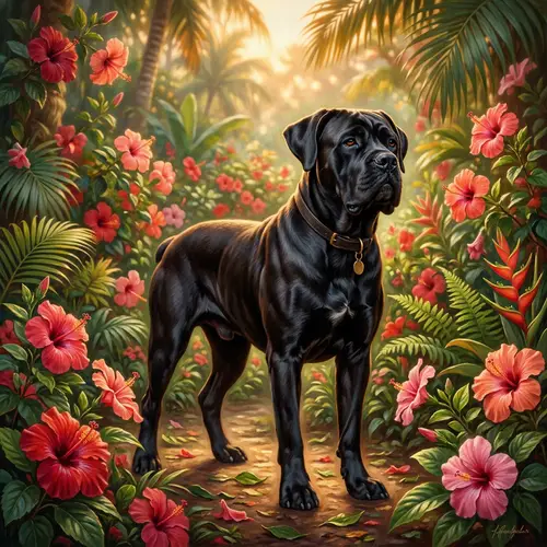 Majestic Black Cane Corso in Tropical Paradise