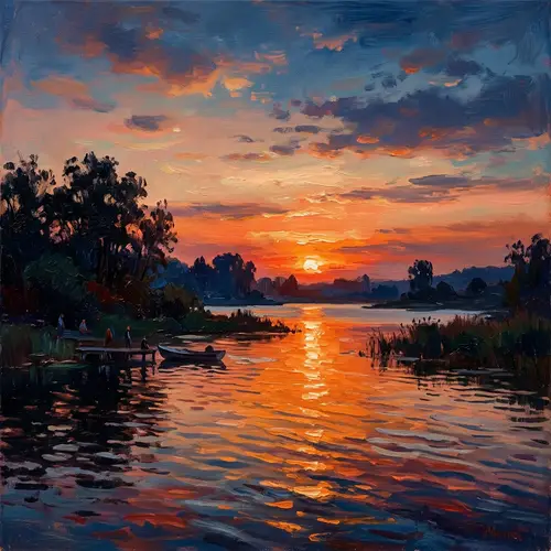 Tranquil Lake at Sundown | Impressionist Painting