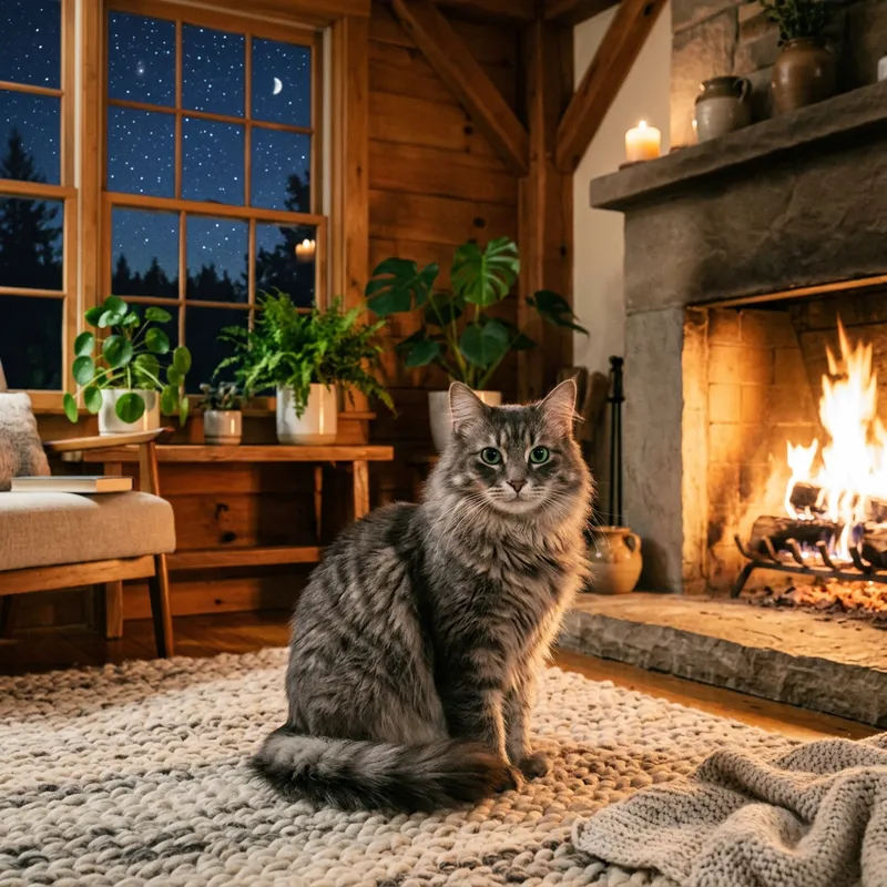 Enchanting Grey Domestic Cat Sitting in Cozy Living Room