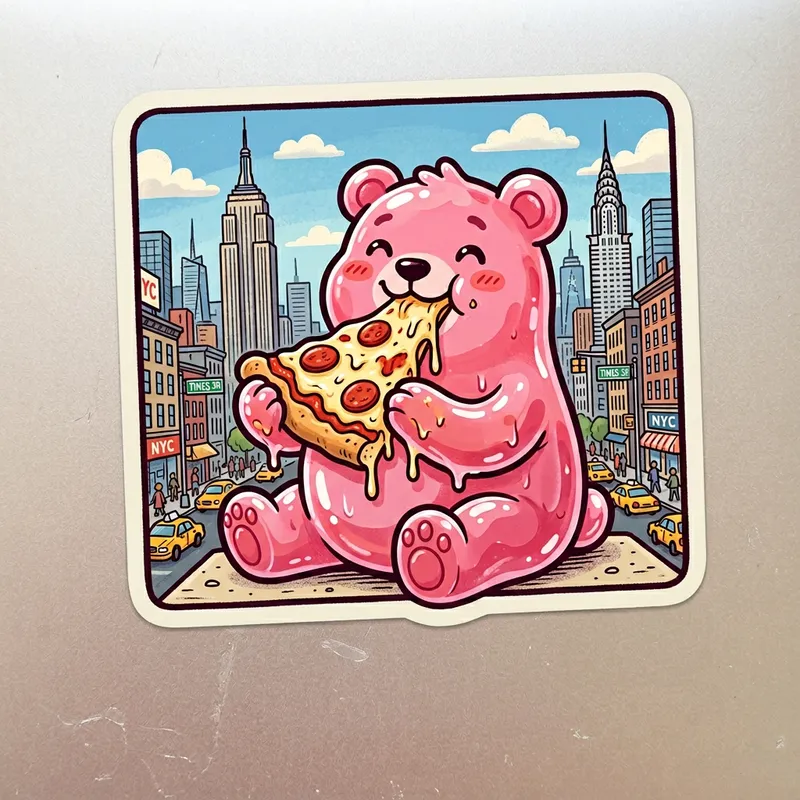 Whimsical Pink Jelly Bear Pizza Sticker in New York