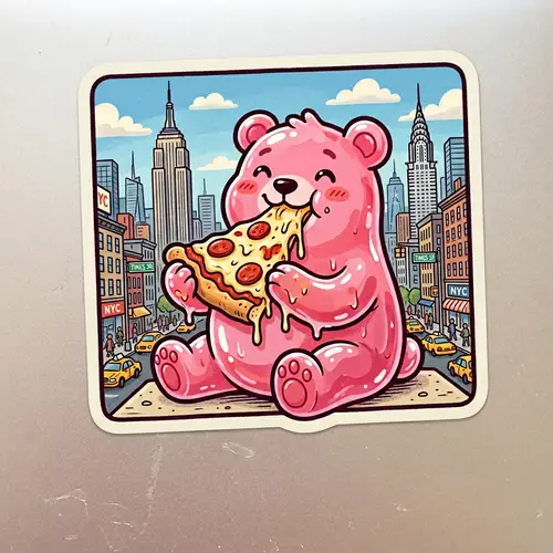 Pink Jelly Bear Eating Pizza Sticker in New York