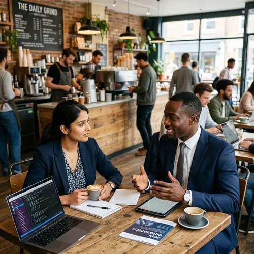 Dynamic South Asian Software Engineer Meeting Tech Recruiter in Modern Coffee Shop