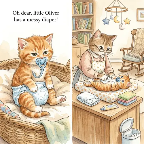 Cute Newborn Kitten Diaper Change Scene | Children's Book Illustration
