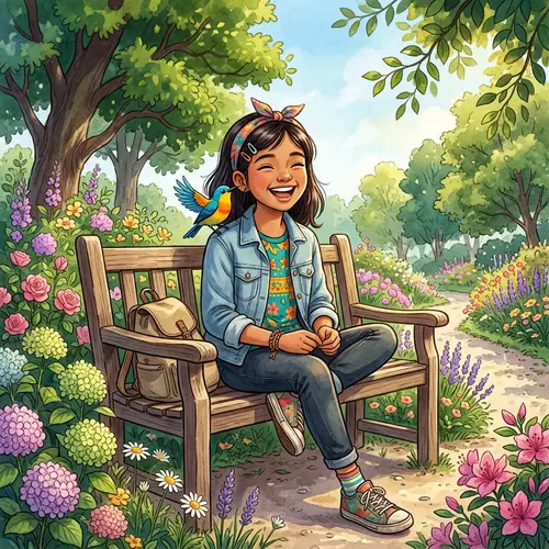 Jovial Southeast Asian Girl in Park with Chirpy Bird