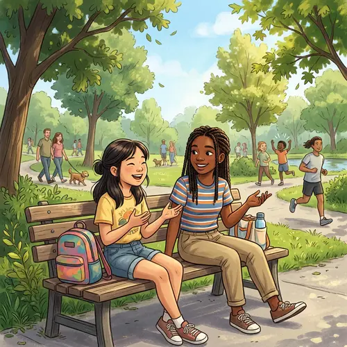 Multicultural Girls Deep in Conversation on Park Bench